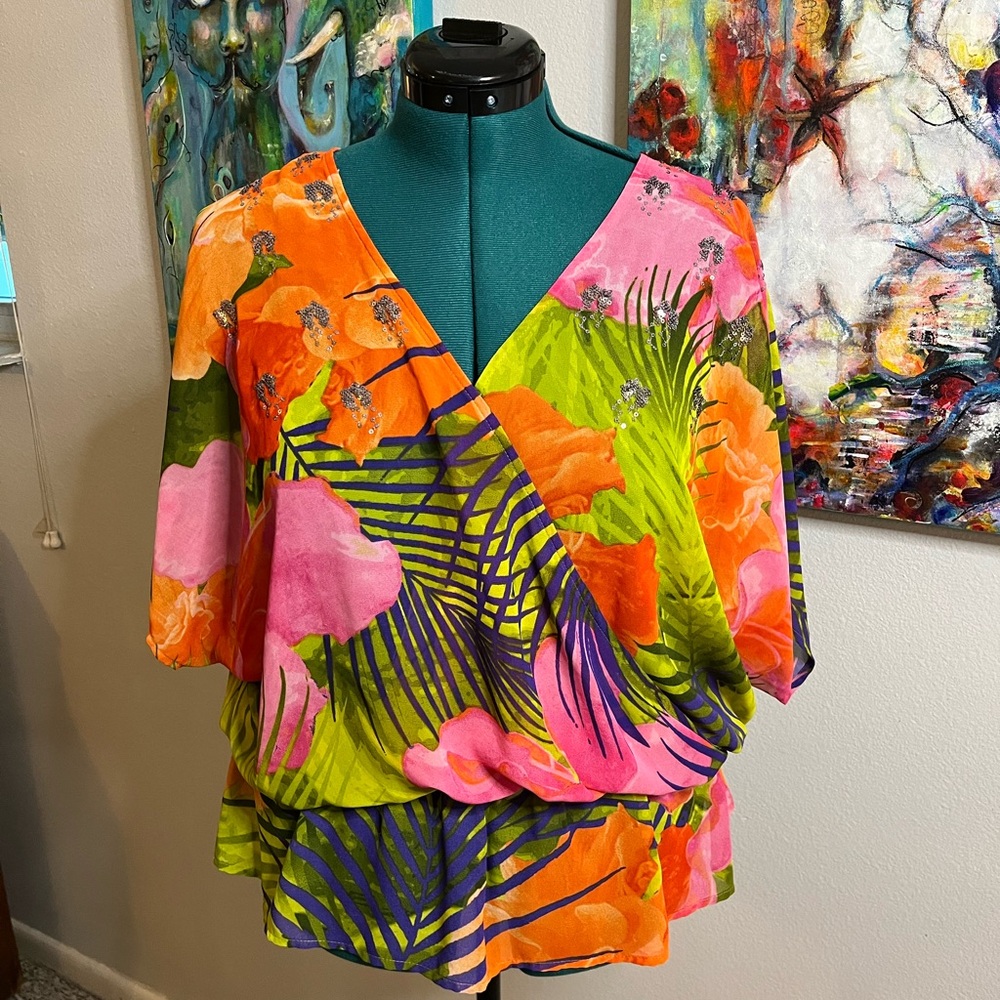 Bright floral top and pants.